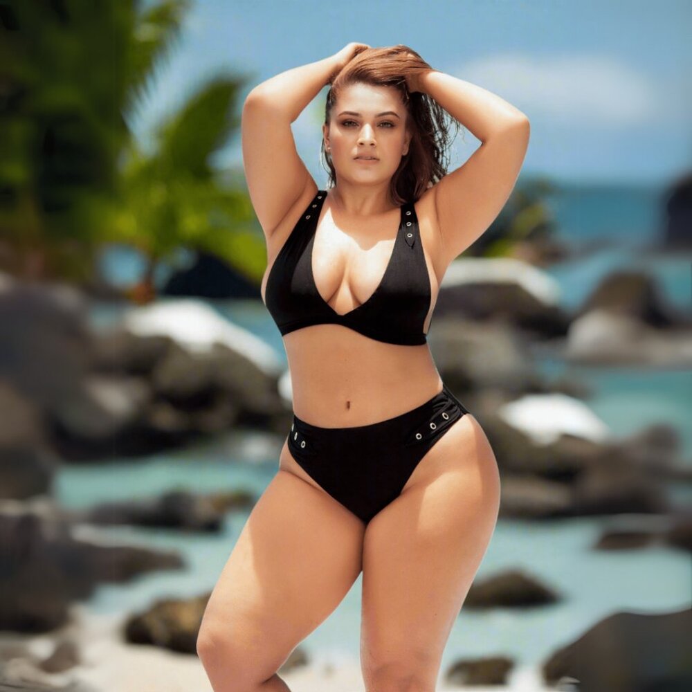 NWT Plus SIze Black Triangle Top & High Waist Bottom Bikini Swimsuit